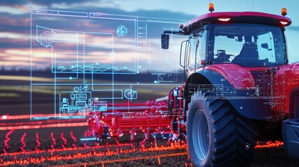 Futuristic agricultural innovation open field digital farming technology dusk environment aerial view precision agriculture concepts