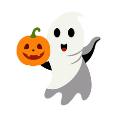 Floating Ghost Holding Pumpkin on Transparent Background