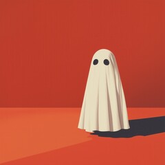 Abstract white sheet ghost figure with cast shadow on red minimalist background
