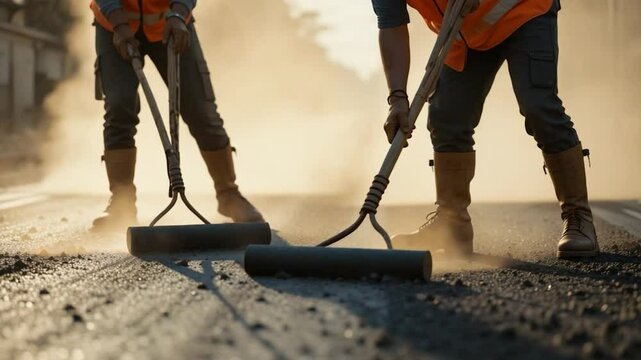 Road maintenance workers cleaning pavement