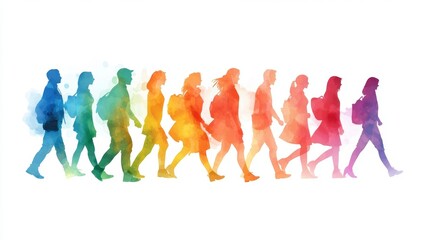 Colorful student silhouettes walking in a row