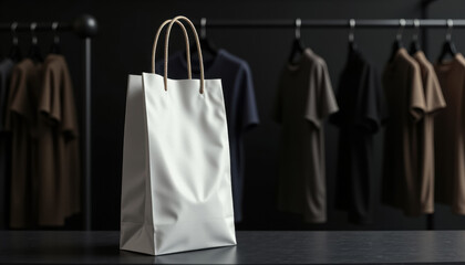 white paper shopping bag on black table in men's clothing store, mockup of bag in t-shirt department