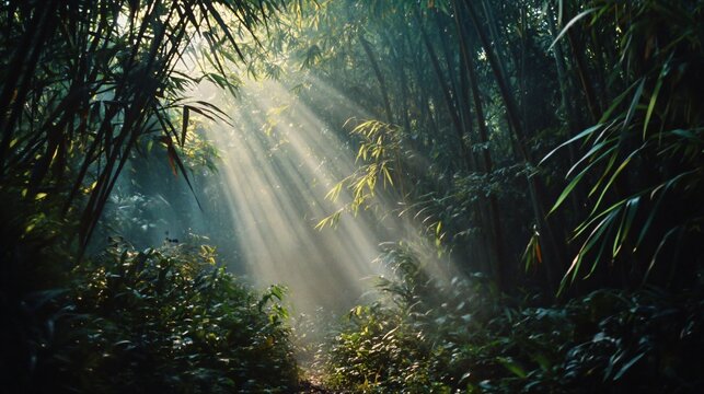 Sunlight piercing through a dense bamboo forest.