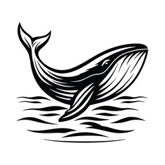 Whale Silhouette on White Background, Isolated Aquatic Animal, Minimal Black & White