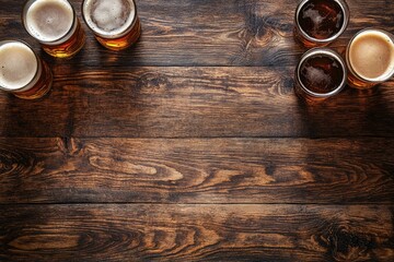 Assorted beer mugs on a dark wooden tabletop with empty space, suitable for pub menus, product placements, or Oktoberfest advertisements