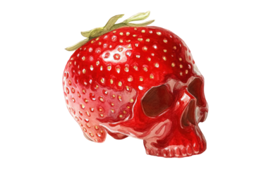 Artistic watercolor skull shaped like a red strawberry fruit food life on transparent background