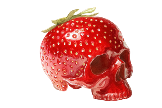 Artistic watercolor skull shaped like a red strawberry fruit food life on transparent background