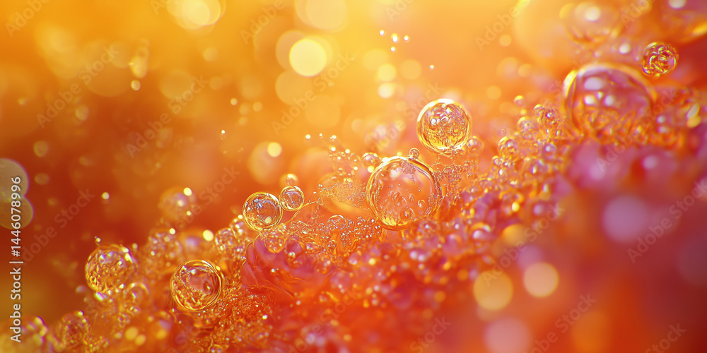 Poster bubbles in vibrant orange background with soft bokeh effect and sparkling light.