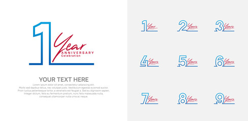 Anniversary logo set vector design, blue and red color for celebration event