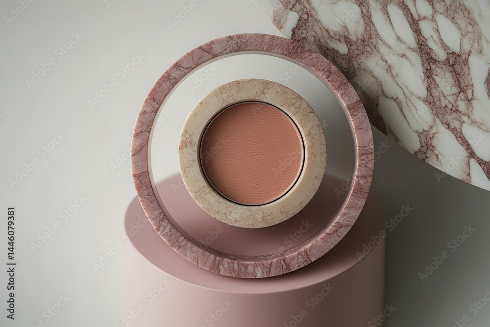 Poster Elegant skincare product display on a soft pink background with spherical elements showcasing modern design and aesthetics