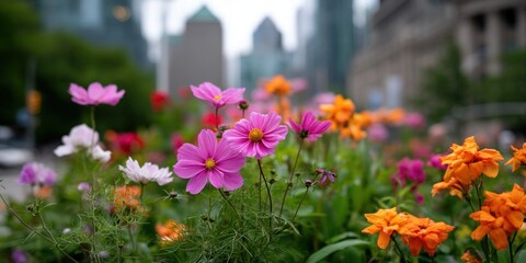 Flowers bloom in a city park with modern architecture on an overcast day