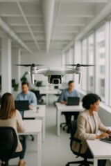 Drone flying in modern office with employees working  
