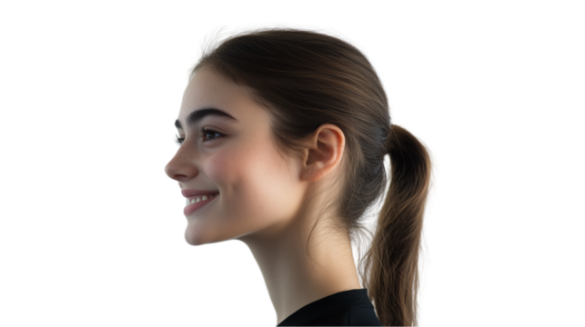 Confident, smiling young woman, business casual young woman smiling confidently, young woman with stylish hair, pointing at camera, young woman smiling with head tilted, on a transparent backgrounds