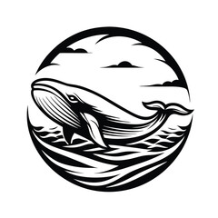 Stylized Whale In Black and White, Detailed Line Work, Circular Frame, Ocean Wildlife