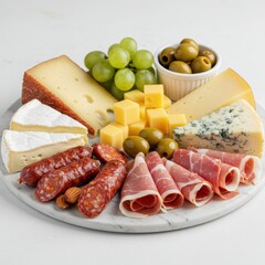 A charcuterie board with assorted cheeses meats grapes and olives on a white marble surface background