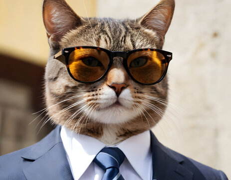 A cat wearing a pent coat. A professional cat wearing a suit with a copy space. Business concept