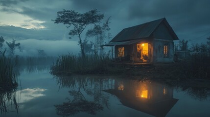 Fototapeta premium Misty rural cottage by tranquil water