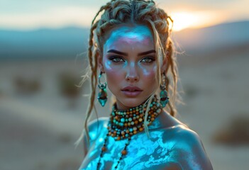 Ethereal Woman with Glowing Skin in a Desert Landscape