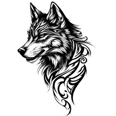 Naklejka premium Artistic black ink tribal wolf tattoo on a white background.