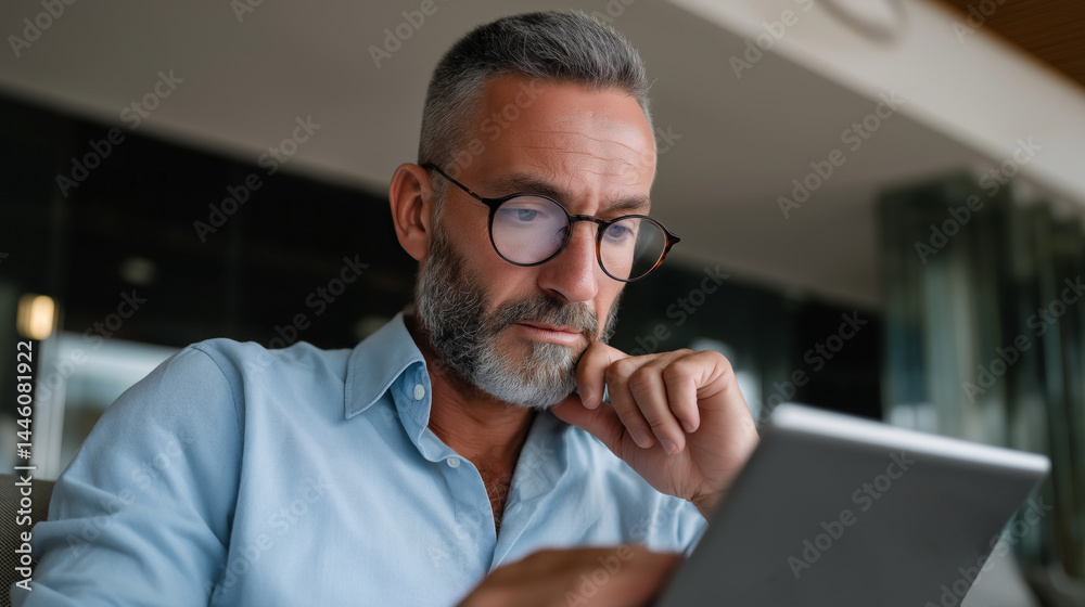 Aufkleber a focused businessman is analyzing data on his tablet while seated in a contemporary office space fi