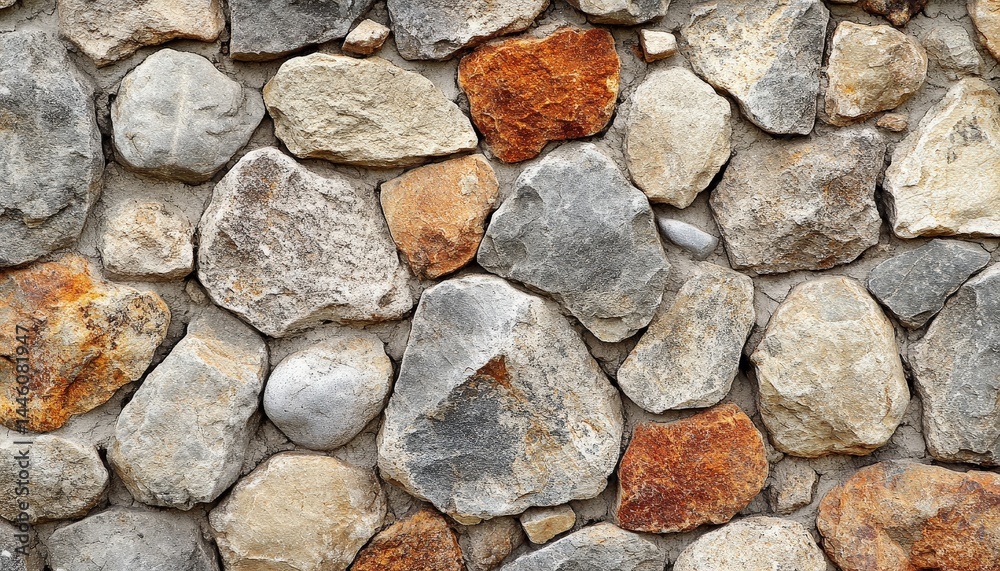 Poster natural stone wall showing various textures and colors, used in rustic architecture for homes and ou