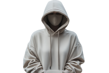 Mysterious figure in beige hoodie and face mask against a bright background simple pose