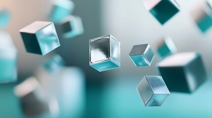 3D printing blocks floating mid-air with a soft teal and silver color gradient, levitation effect with blur depth of field,