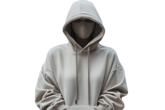 Mysterious figure in beige hoodie and face mask against a bright background simple pose