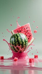 Watermelon splashing in vibrant pink juice against green background  