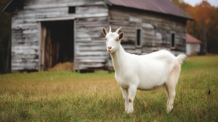 Obraz premium White Goat Farm Animal Rural Barn Autumn Scenery Countryside Livestock Photography
