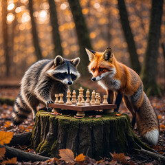 Raccoon and Fox Playing Chess in Autumn Forest