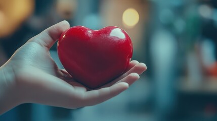 A hand holding a red heart against a blurred green background.