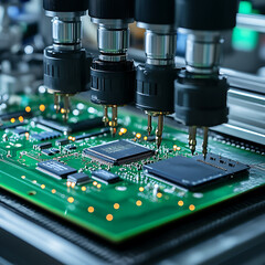 High tech automated manufacturing process featuring precision machinery assembling electronic components on green circuit board. scene showcases advanced technology and efficiency in production