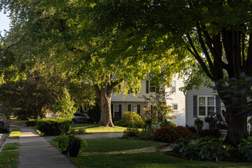 Exterior shot of traditional single family homes in a leafy suburb in Minneapolis, Minnesota. 