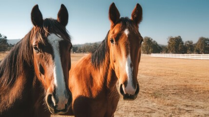 Obraz premium Two Beautiful Horses in a Sunny Pasture Ranch Life Photography
