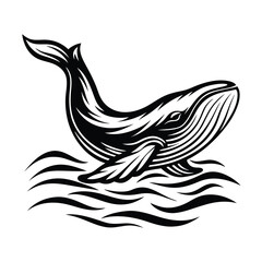 Stripped Whale Swimming Silhouette, Marine Mammal, Sea Creature Black and White