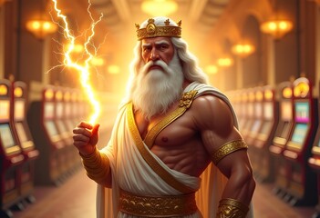 Illustration of game character Zeus with slot machines in the background