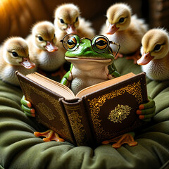 Wise Frog Reading to Ducklings in Warmly Lit Storytime Scene