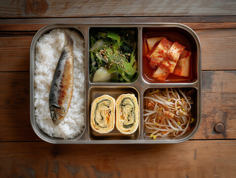 overhead shot of a 5-compartment stainless steel Korean lunchbox (dosirak), each section filled with a single dish: steamed white rice, grilled mackerel, rolled omelette (gyeran-mari), seasoned bean s