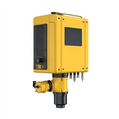 Industrial yellow control unit with connectors and a rotary attachment, used for automation and machinery applications.