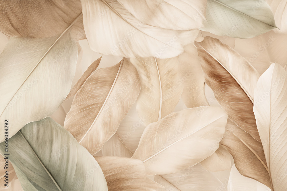 Poster soft beige and green leaf texture, overlapping layers create depth and visual interest, showcasing a