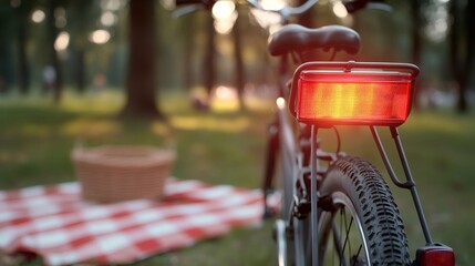 Fototapeta premium Bicycle with illuminated rear light near picnic blanket in park
