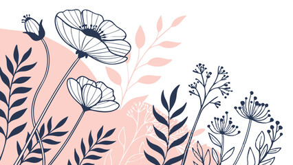 Elegant floral line art print blush pink and navy blue botanical design simple minimalist flowers and leaves