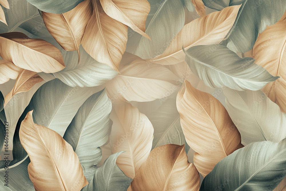 Poster overlapping beige and green tropical leaves create a textured, botanical background ideal for design