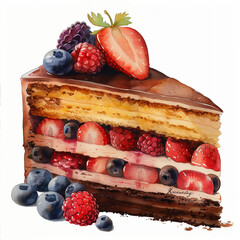 Cake Watercolor. Festive Cake. Dessert. Hand drawn watercolor food illustrations. Sweet Pie. Perfect for delicacy marketing, dessert menu, pastries. Illustration for culinary website, menu, books.