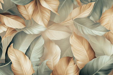 Overlapping beige and green tropical leaves create a textured, botanical background ideal for design projects, showcasing a serene and natural aesthetic
