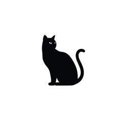 Elegant silhouette of a seated black cat with curved tail on white background
