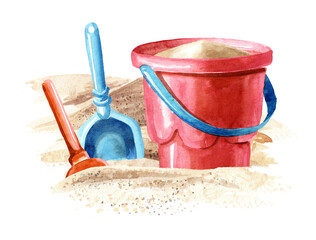 Children's beach toy on the sand,. Hand drawn watercolor illustration, isolated on white background