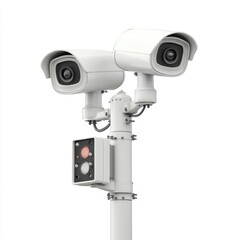 Two white surveillance cameras mounted on a pole with a sensor box, isolated on a white background.