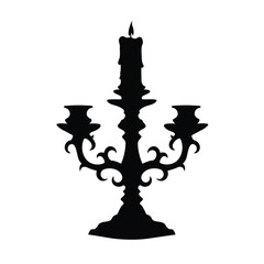 Black silhouette of a decorative candelabra with burning candles on a white background